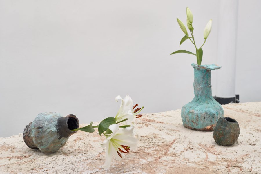 Emii Alrai, Passing of the Lilies, 2021. Commissioned for Jerwood Solo Presentations 2021, supported by Jerwood Arts. Installation view at Jerwood Space. Photo: Anna Arca.