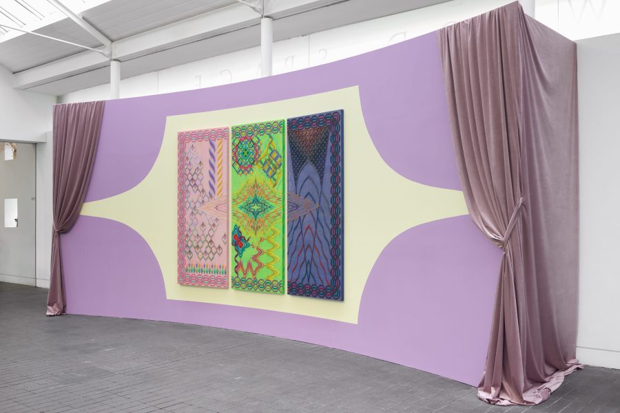 Cecilia Charlton, Eternal myth and the poetry of the cosmos [fate, future, suture] (triptych), 2021. Commissioned for Jerwood Art Fund Makers Open. Installation view at Jerwood Space. Photo: Anna Arca.