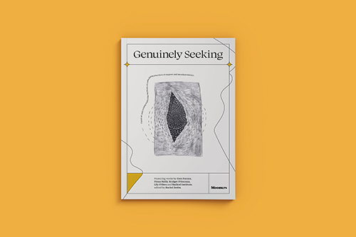 Photo of a white book titled Genuinely Seeking by Rachel Botha on an orange background
